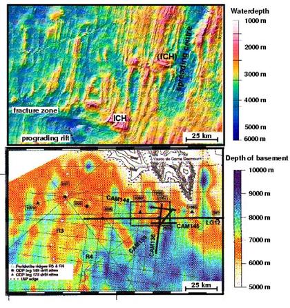 Figure 1: Comparison of the resolution of bathymetry map (top) and a state-of-the-art basement map (bottom) compiled from 2D seismic lines
