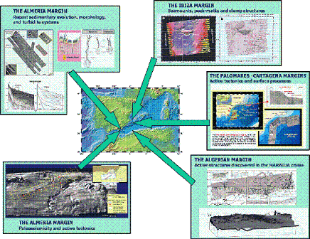 Fig. 1. Developed activities relative to Sediment Dynamics and Active Tectonics within the WEST_MED project.
